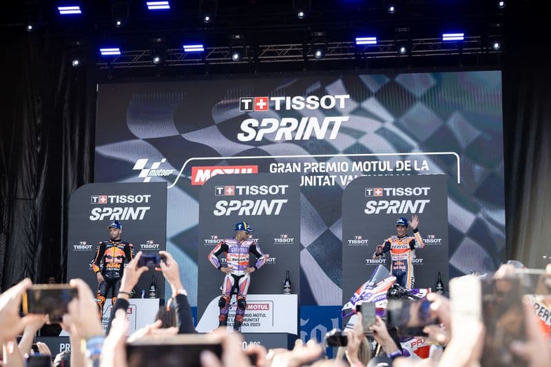 Brad Binder (left), Jorge Martín (middle), and Marc Márquez at the podium of the 2023 Valencia MotoGP sprint