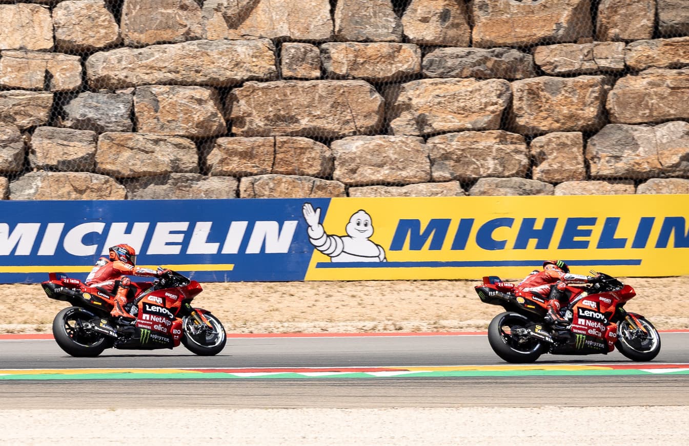 Francesco Bagnaia and Marc Márquez during the 2025 Aragon motorcycle Grand Prix