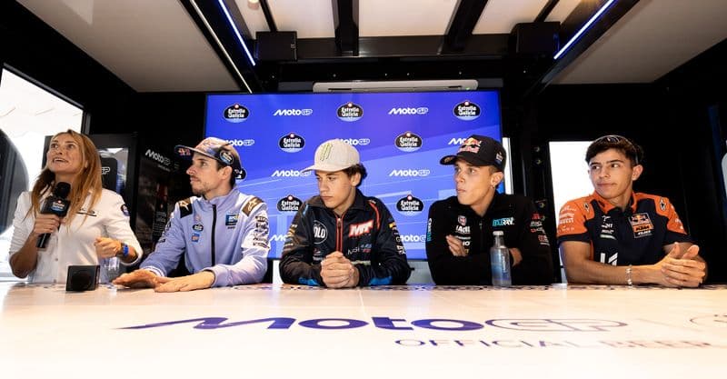 Several riders participated in an event held at Estrella Galicia pavilion during the 2025 Dutch TT. From left-to-right, the riders are Álex Márquez, Ángel Piqueras, Diogo Moreira, and José Antonio Rue