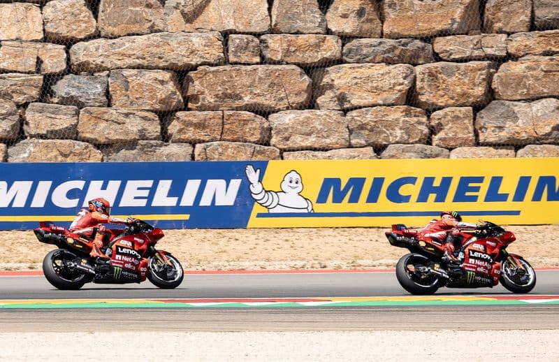 Francesco Bagnaia and Marc Márquez during the 2025 Aragon motorcycle Grand Prix